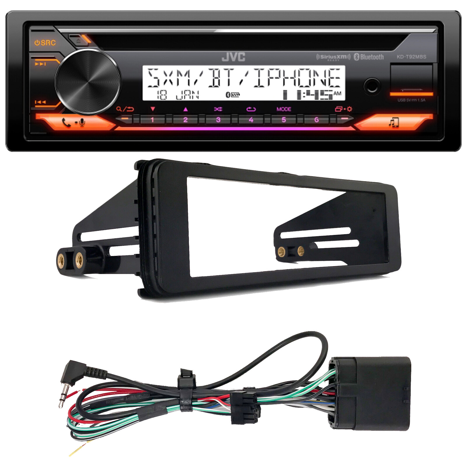JVC KD-T92MBS Bluetooth USB AUX AM/FM CD Stereo Receiver, Harley Install Kit