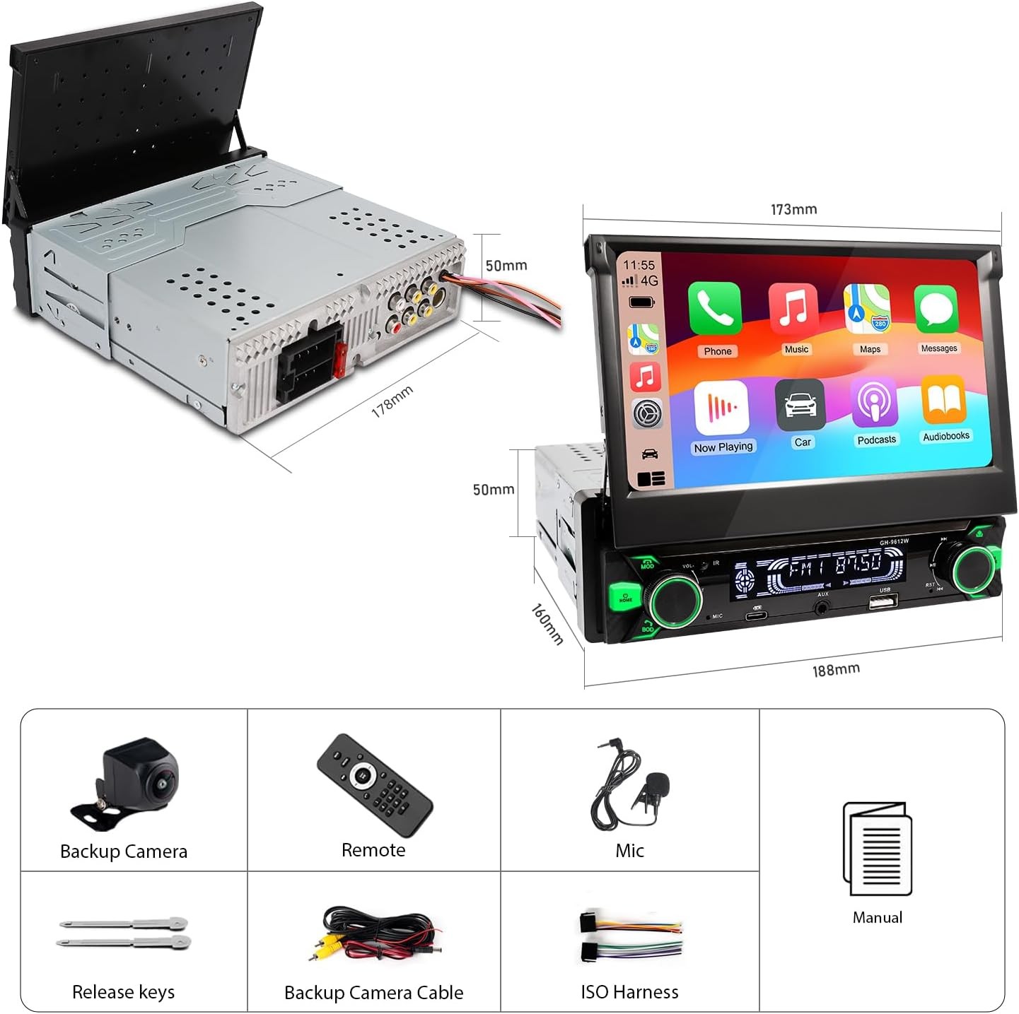 Car Stereo Radio 7″ Fold Out Touch Screen Bluetooth USB AUX MP5 USB Single DIN