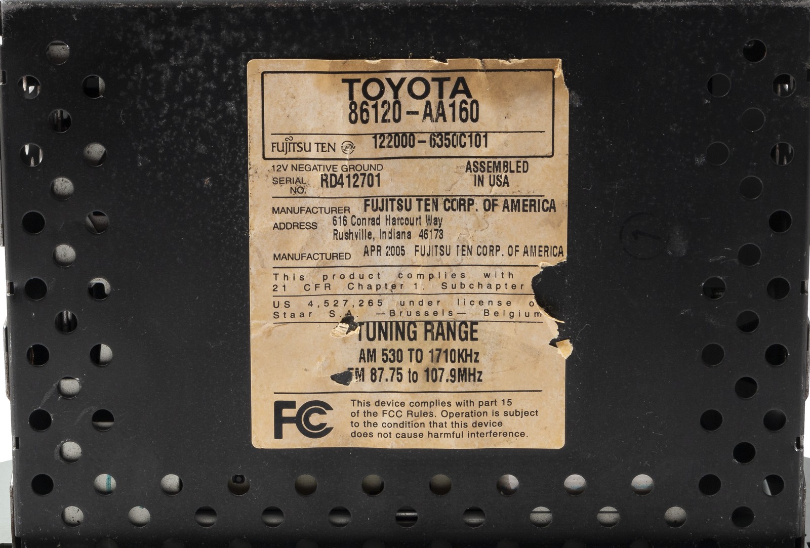 2005-06 Toyota Camry AMFM Radio Single Disc CD Player 86120AA160 Face Code 16860