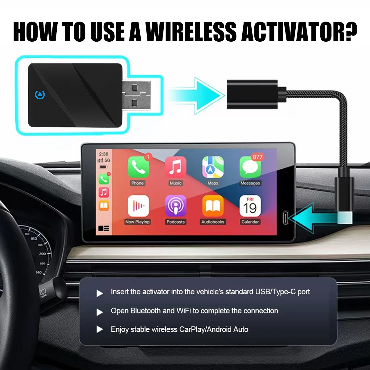 USB Auto Wireless CarPlay Adapter For iPhone Apple Wireless Dongle Plug ＆ Play @