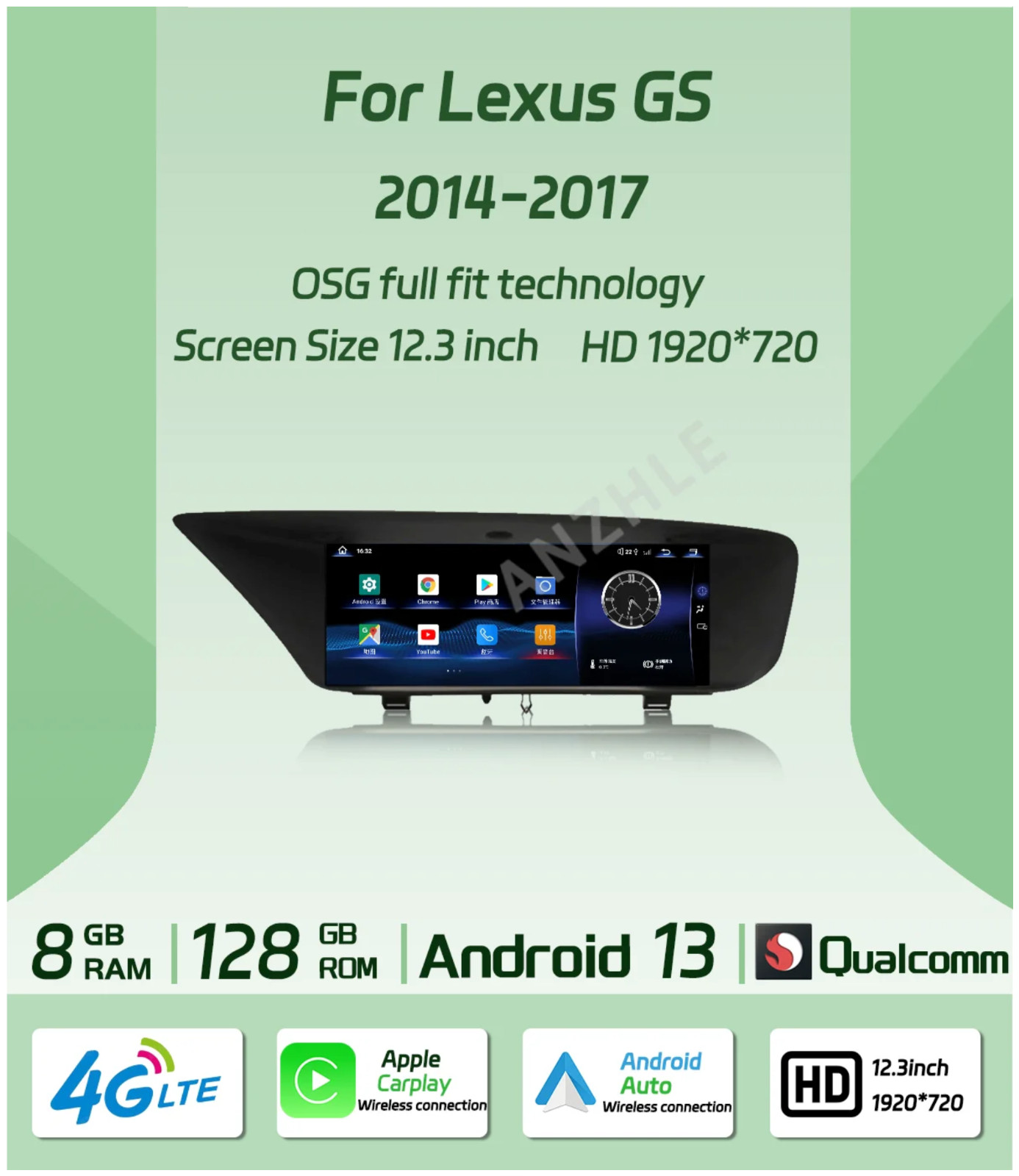 Lexus GS 2014-2017 Carplay/Android 13 GPS Radio Multimedia Player Navi Wireless