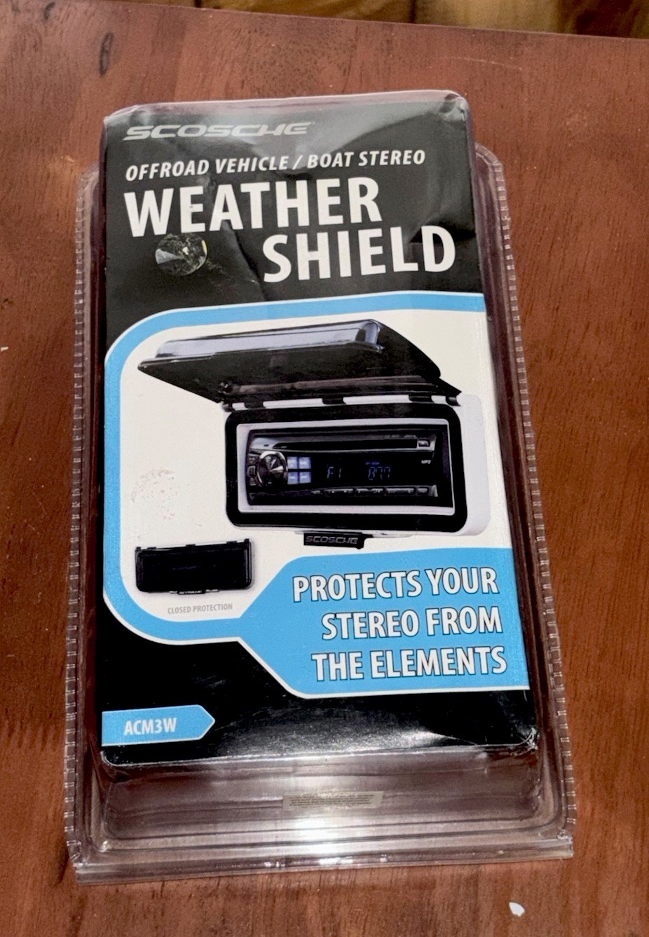 New Genuine Scosche ACM3W White Marine Boat Radio Splash Guard Black FlipUp Door