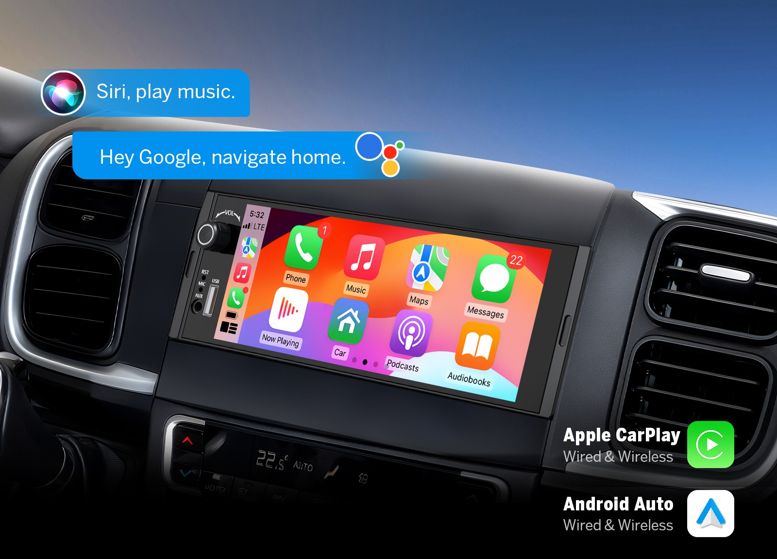 Single DIN 6.28 inch Android Auto Car Stereo Head Unit Apple CarPlay IPS display