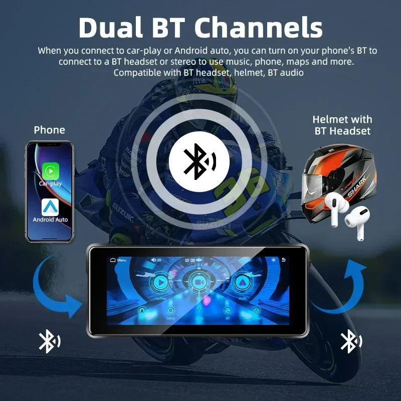 Motorcycle DVR IPX7 Waterproof Wireless Carplay Android Auto Display IPS Screen