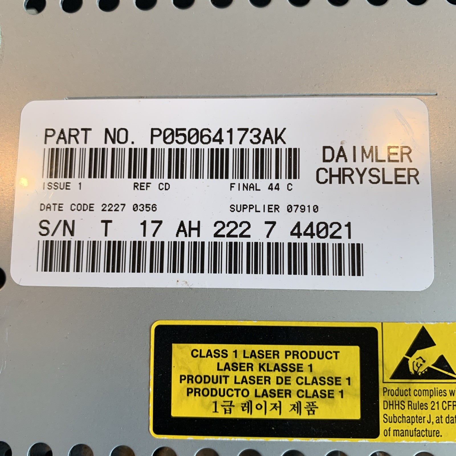 Chrysler, Dodge, Jeep Radio CD Player Part Number P05064173AK OEM