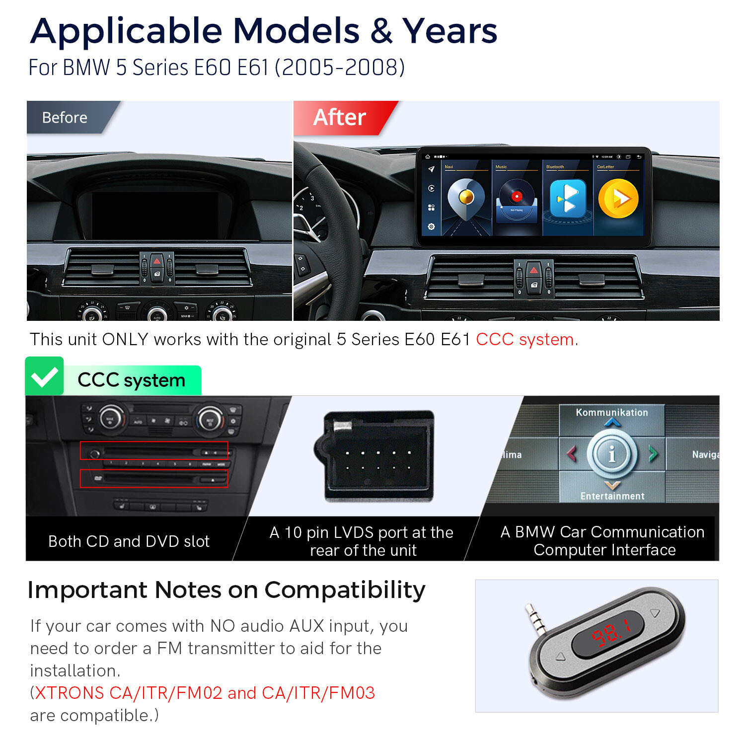 For BMW 5er E60 E61 CCC CarPlay Android Auto 8-Core Car GPS Stereo Navi WiFi DSP