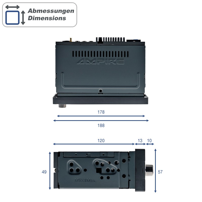 AMPIRE CPR60 Smartphone 1-DIN Car Stereo Touch Display DAB+ AHD Camera Inputs