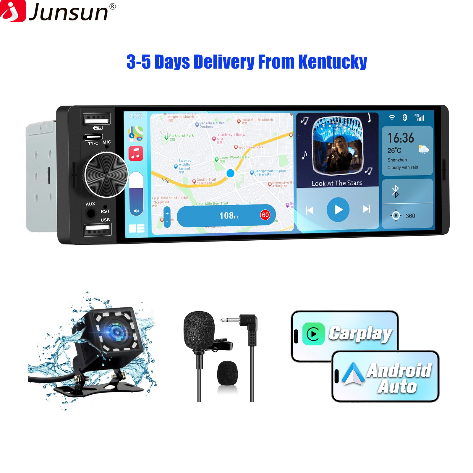 6.28″CarPlay Android Auto For Universal Car Stereo Multimedia Player Rear Camera