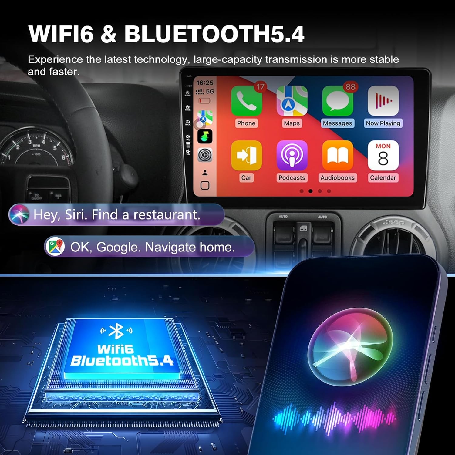 Car Radio Stereo Jeep Wrangler JK 2007-2018, Dodge Ram 2009-2012 CarPlay Andriod