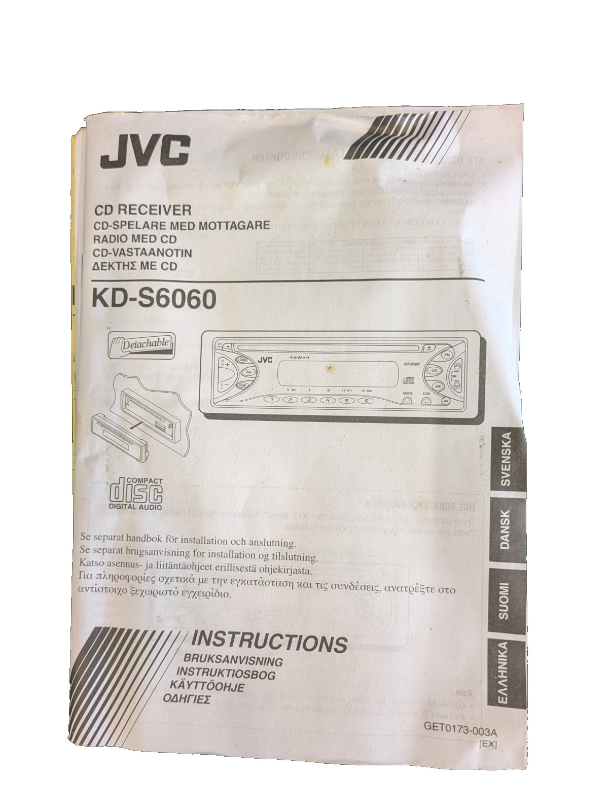 JVC KD-S6060 Car Stereo CD Player FM AM Radio 1 DIN Vintage Head Unit Working