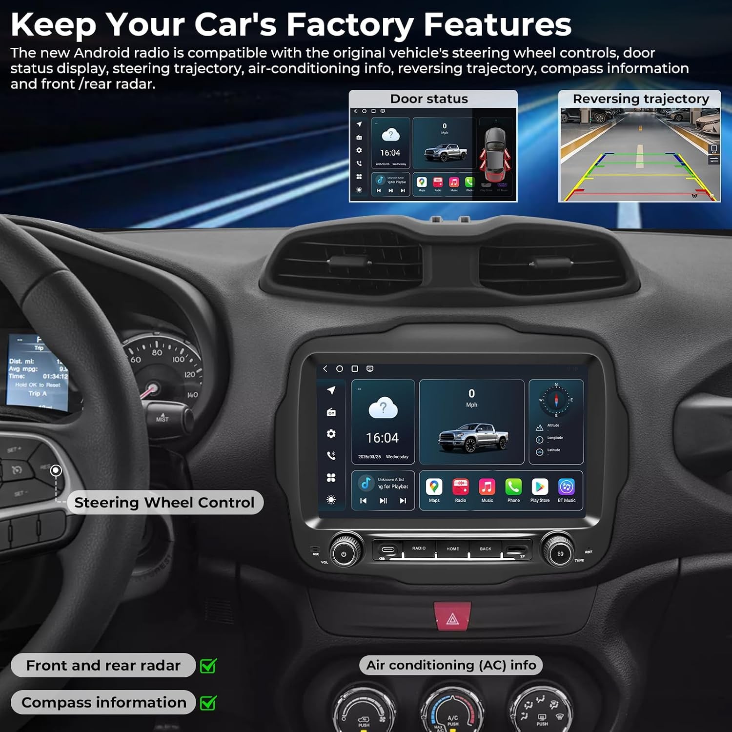Car Stereo for Jeep Renegade 2015–2023 Wireless CarPlay & Android Auto AM/FM/RDS