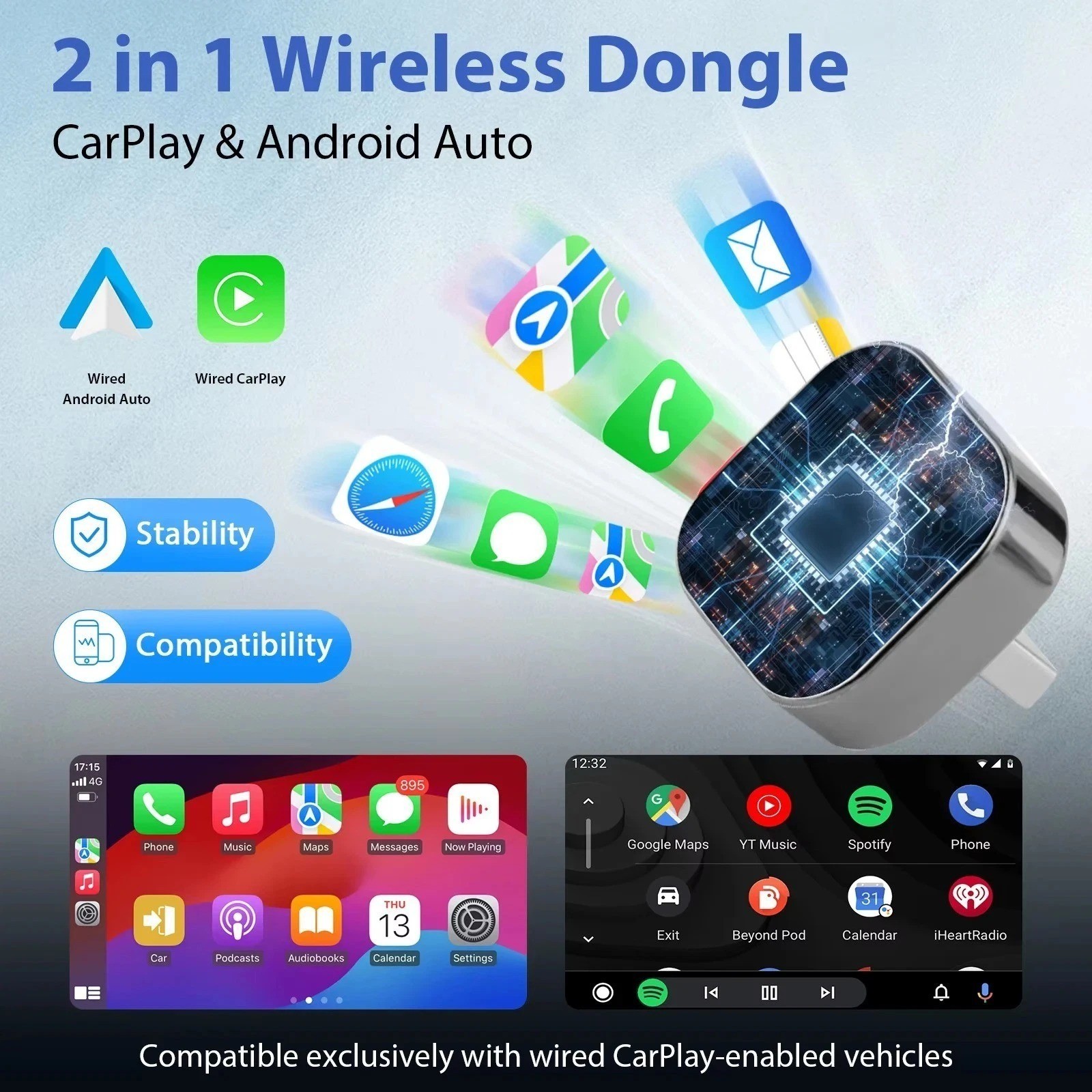 Wireless CarPlay Adapter for Apple iPhone & Android Auto USB Adapter Plug & Play