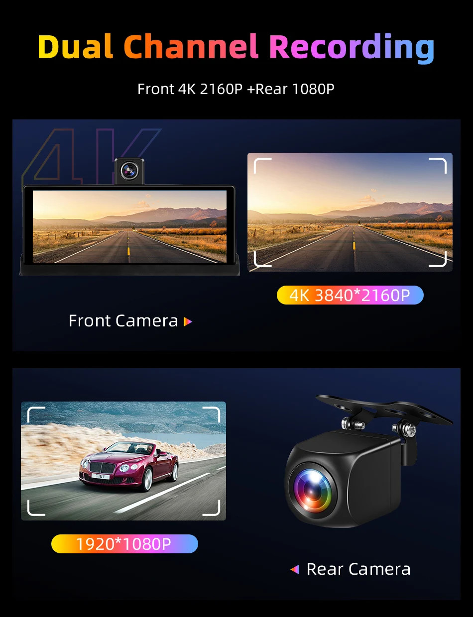 10.26 inch UHD Car DVR 4K Dashcam WirelessCarPlay/Android Auto 5G WiFi Dashboard