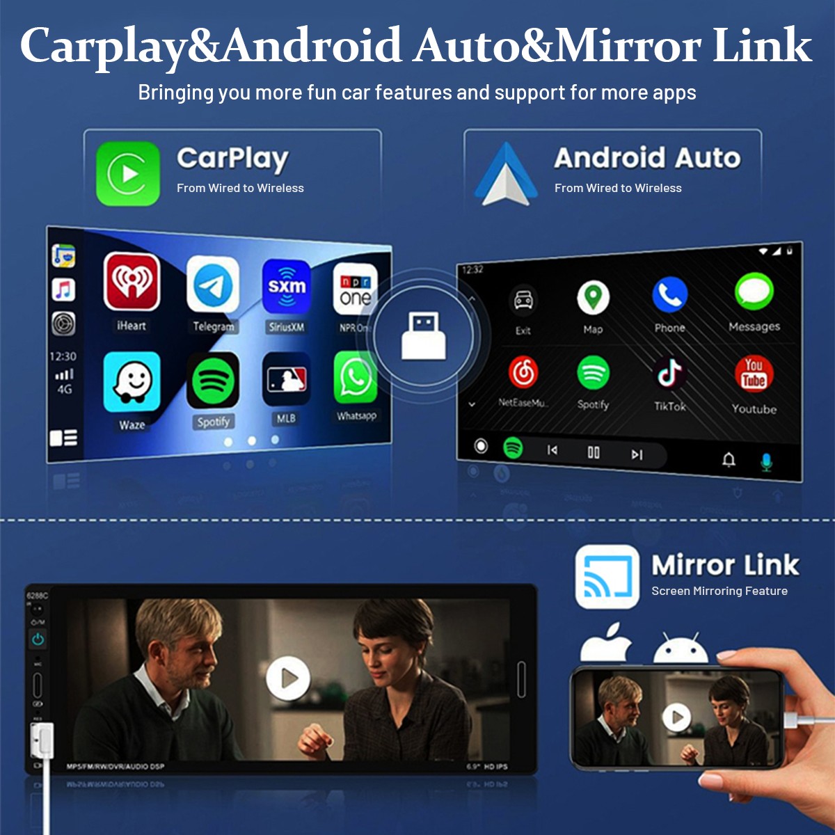4K HDMI Output Wireless CarPlay Android Auto Adapter w/ Android 13 System