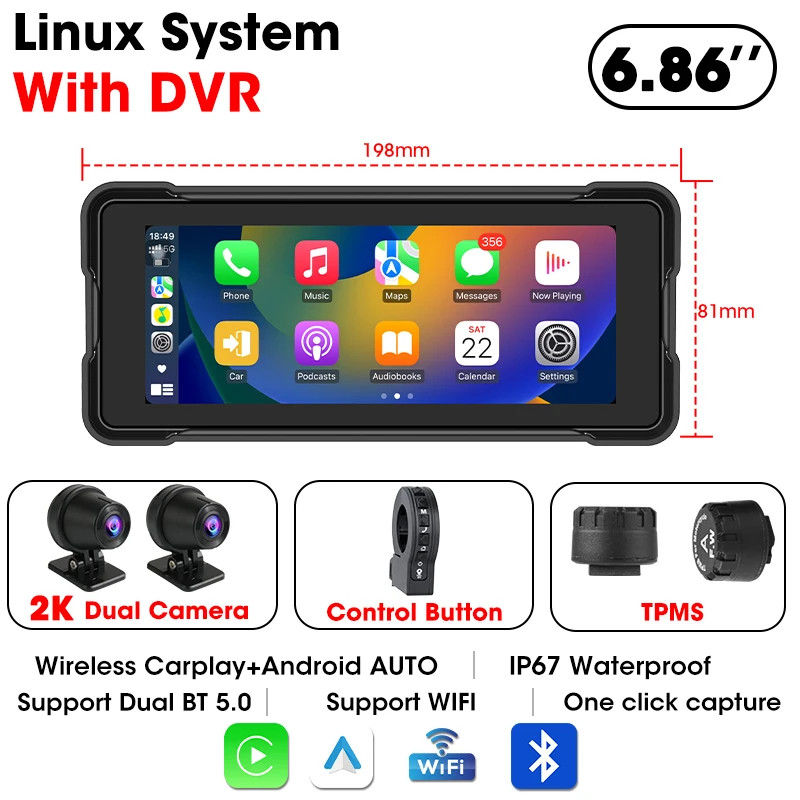 Portable 6.86 inch Motorcycle DVR GPS Navigation 2K Camera Wireless Android