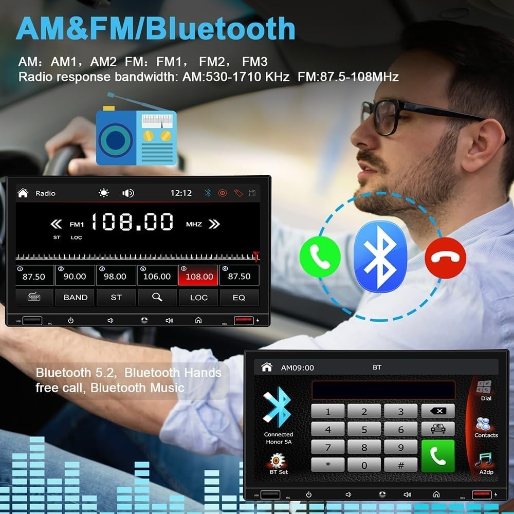 Yuanting 2 Din Android Carplay 7 Portable Car Stereo Backup Cam Bt Gps Fm