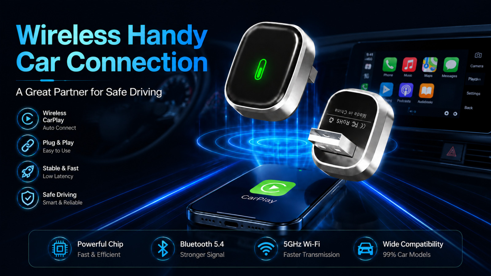 2 in 1 Wireless CarPlay Android Auto Adapter USB Plug & Play for iPhone Android