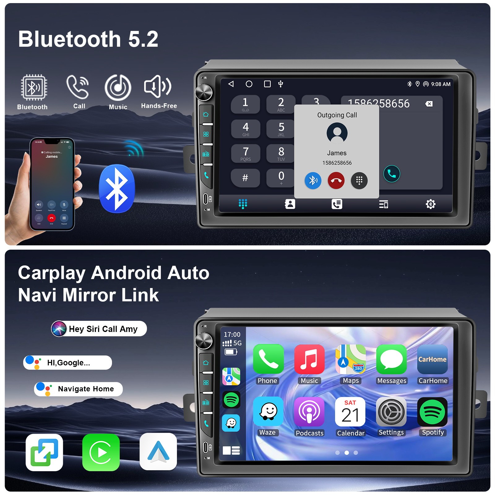 7″ Stereo Bluetooth Radio Car Apple/Android Carplay For Toyota Sienna 2004–2010