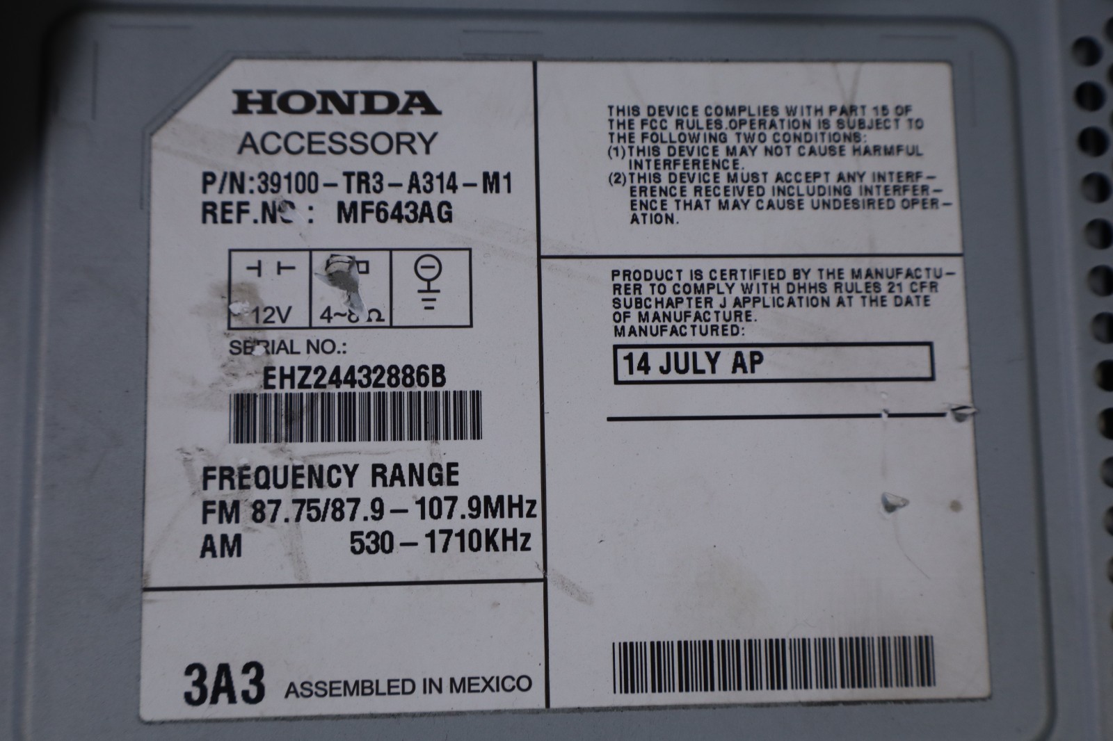 2012 2013 2014 2015 HONDA CIVIC RADIO RECEIVER CD PLAYER OEM