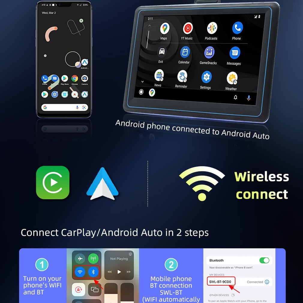 7Inch Portable Car Stereo MP5 Player Wireless Carplay/Android Auto Bluethooth FM