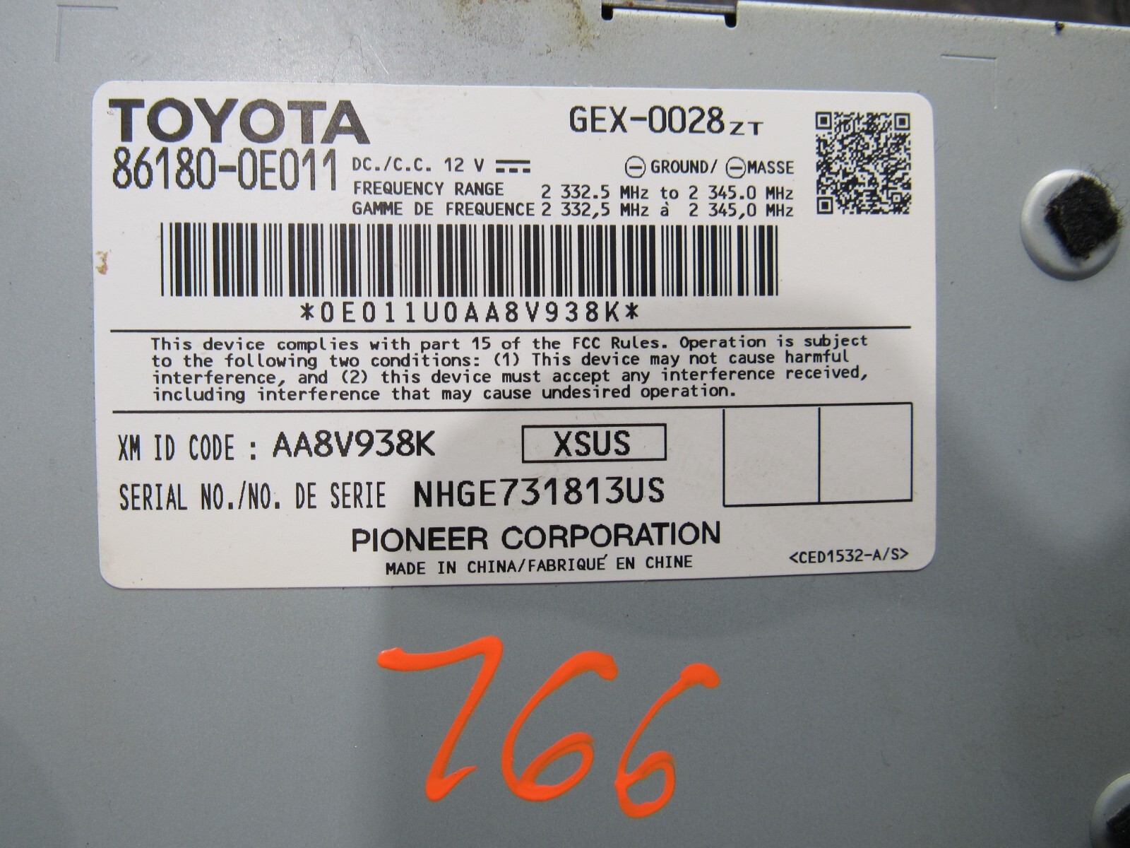 2015 TOYOTA CAMRY SATELLITE XM RADIO RECEIVER MODULE 86180-0E011