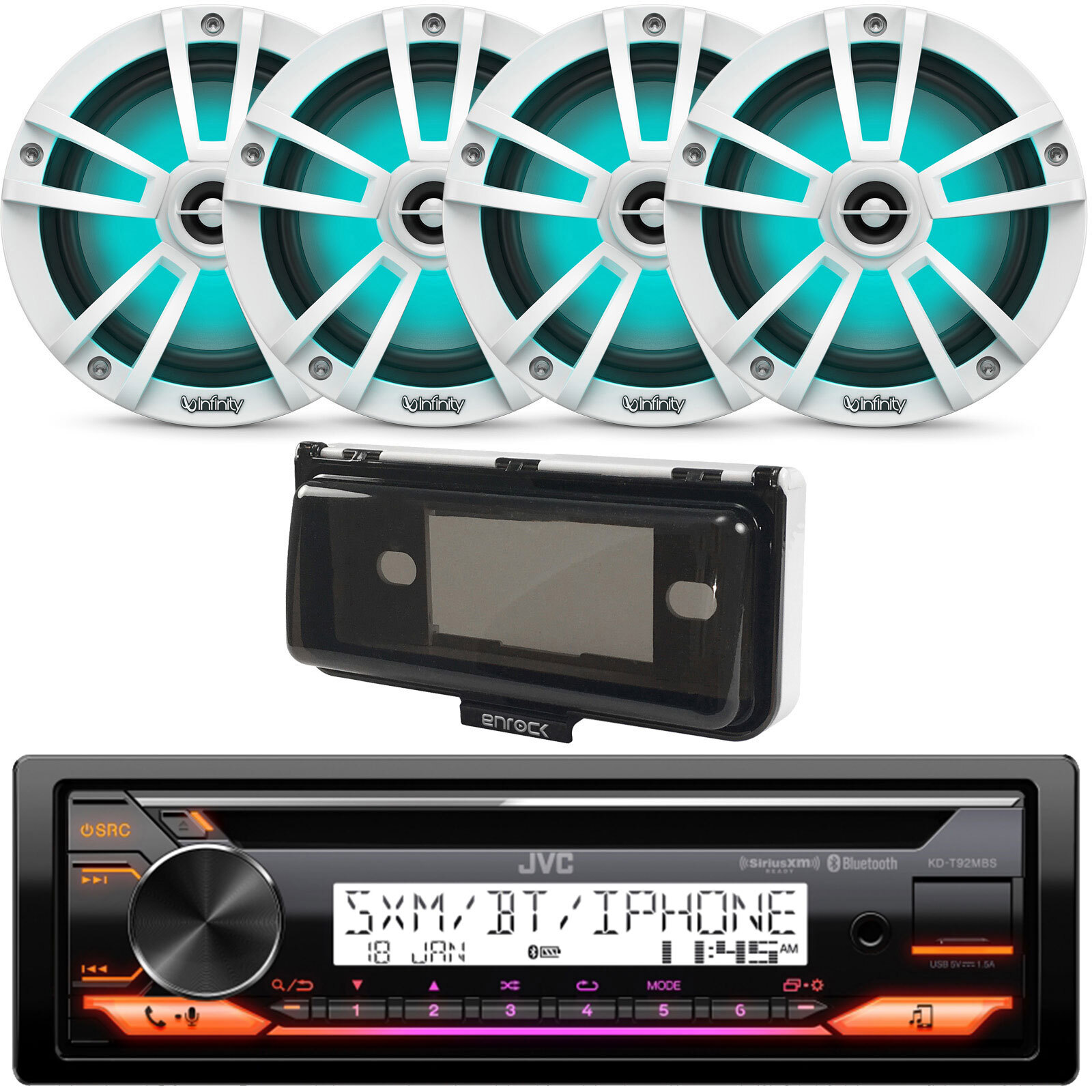 JVC KD-T92MBS Marine Bluetooth USB Receiver, 4x 6.5″ White LED Speakers, Cover