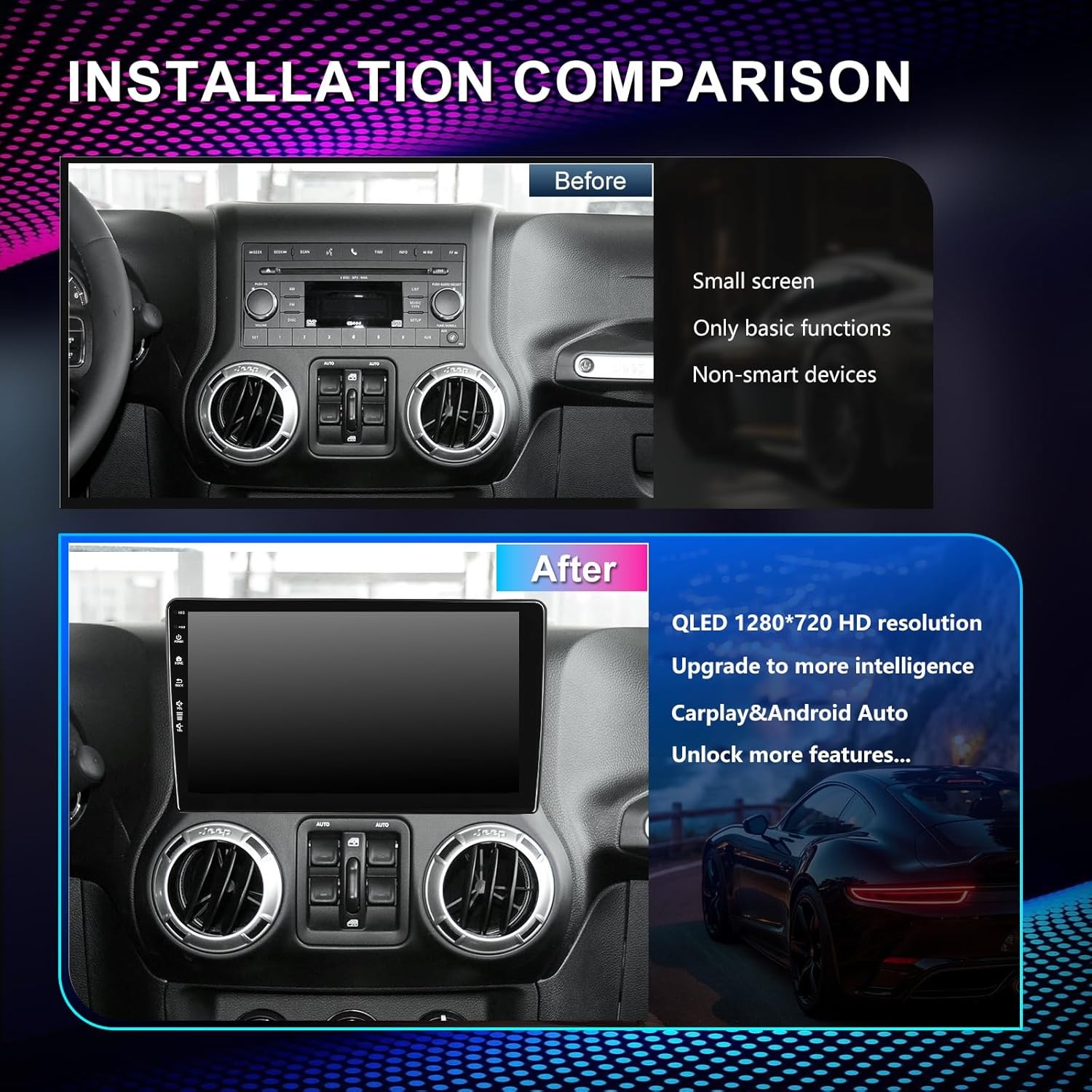 Car Radio Stereo Jeep Wrangler JK 2007-2018, Dodge Ram 2009-2012 CarPlay Andriod