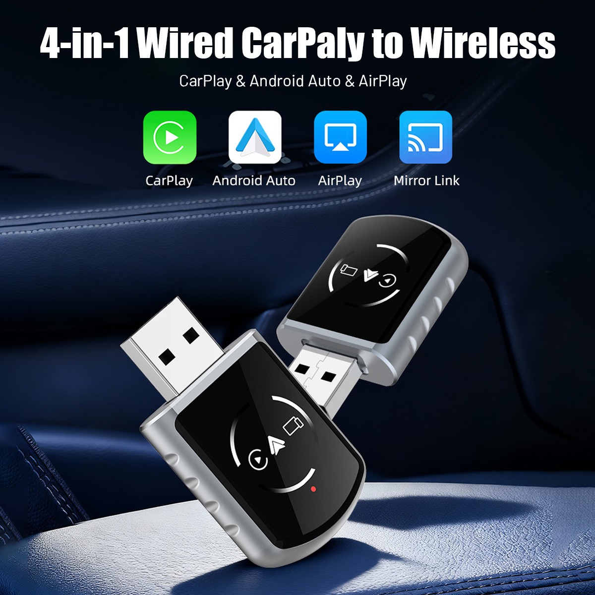4 in 1 Wireless CarPlay Android Auto Adapter 5GHz WiFi USB & Type-C Plug & Play