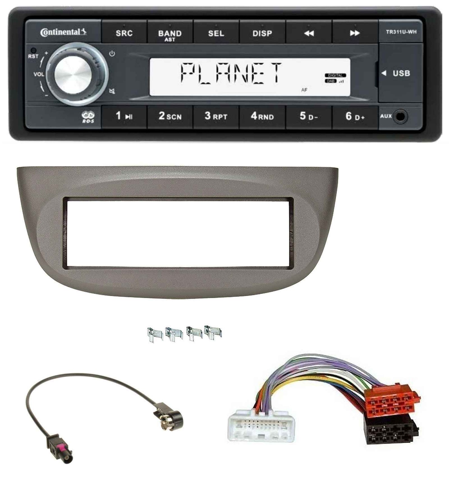 Continental USB MP3 AUX 1DIN Car Stereo for Renault Twingo 2015 onwards Beige Grey