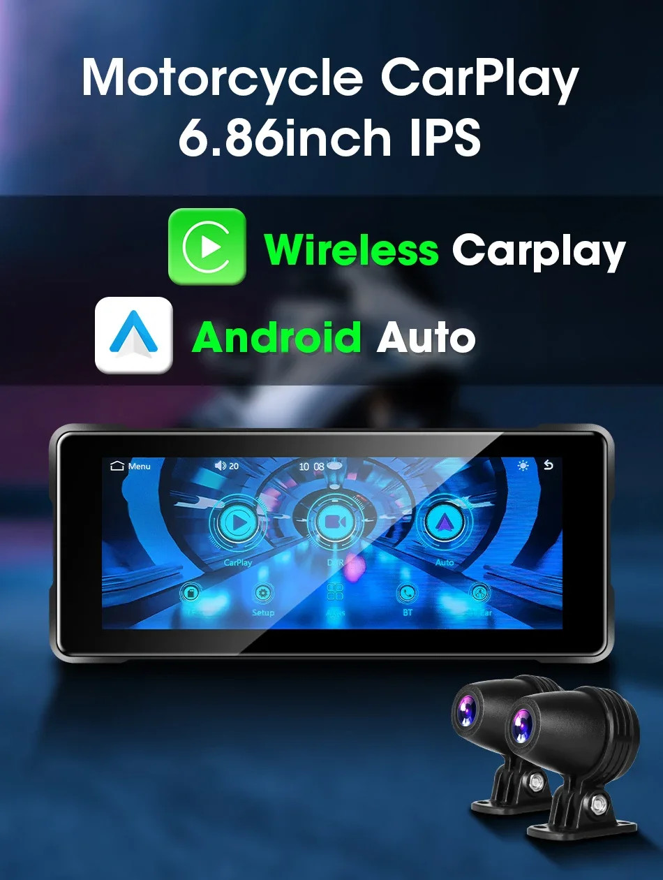 Motorcycle DVR IPX7 Waterproof Wireless Carplay Android Auto Display IPS Screen