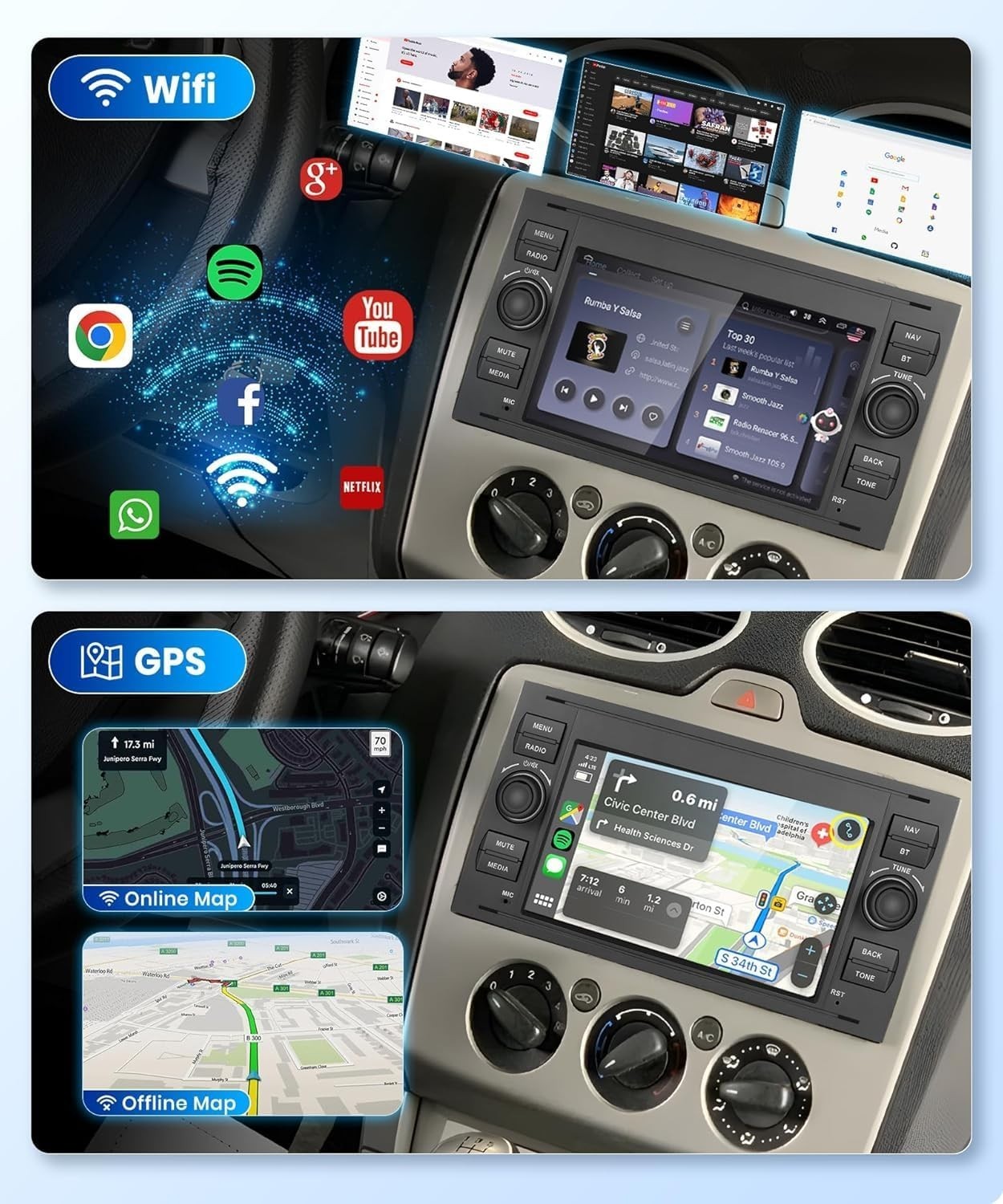 Podofo 7″ Car Stereo for Ford Fiesta/Focus/Transit Wireless CarPlay Android Auto