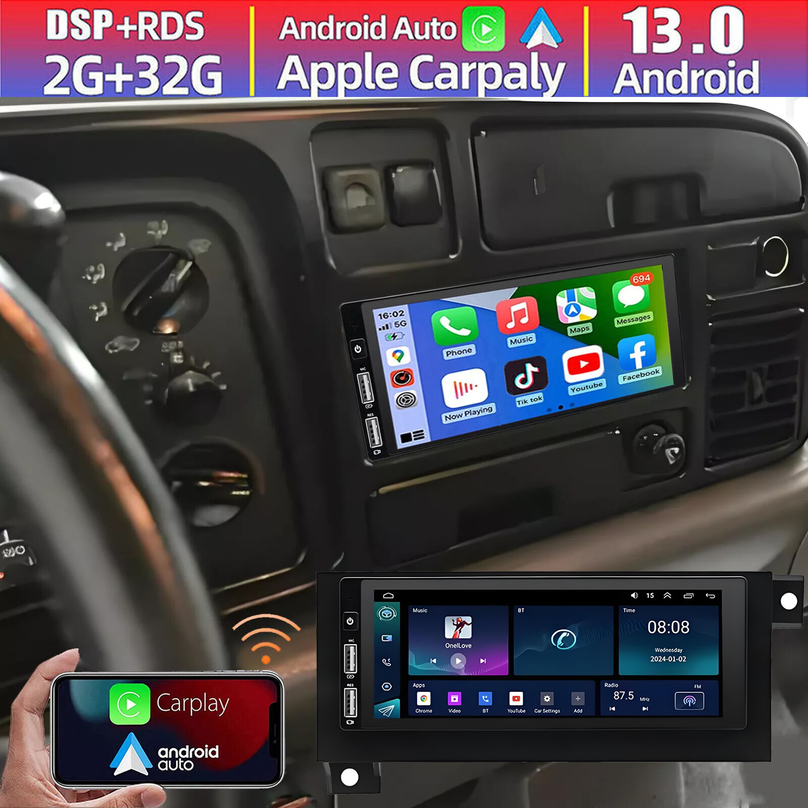 For 1994-2002 Dodge Ram 1500 2500 3500 Android 13 Carplay Car Stereo Radio GPS