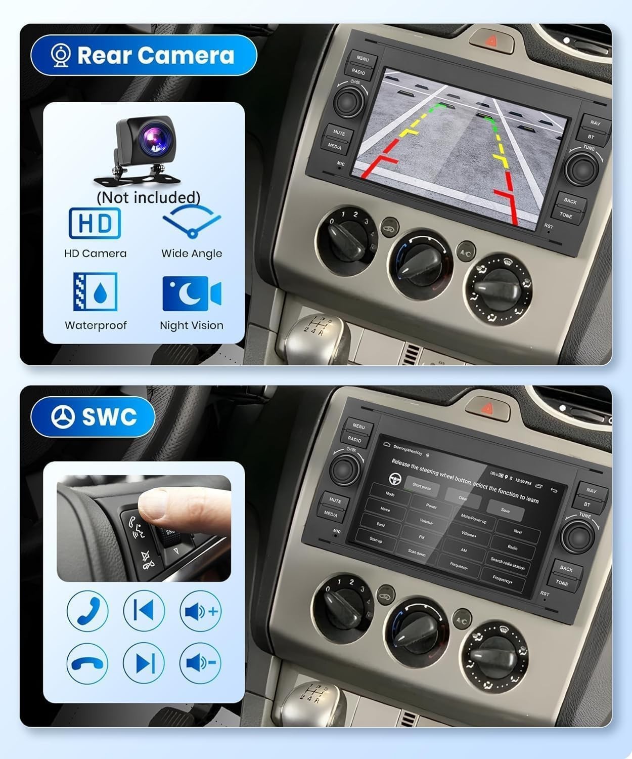Podofo 7″ Car Stereo for Ford Fiesta/Focus/Transit Wireless CarPlay Android Auto
