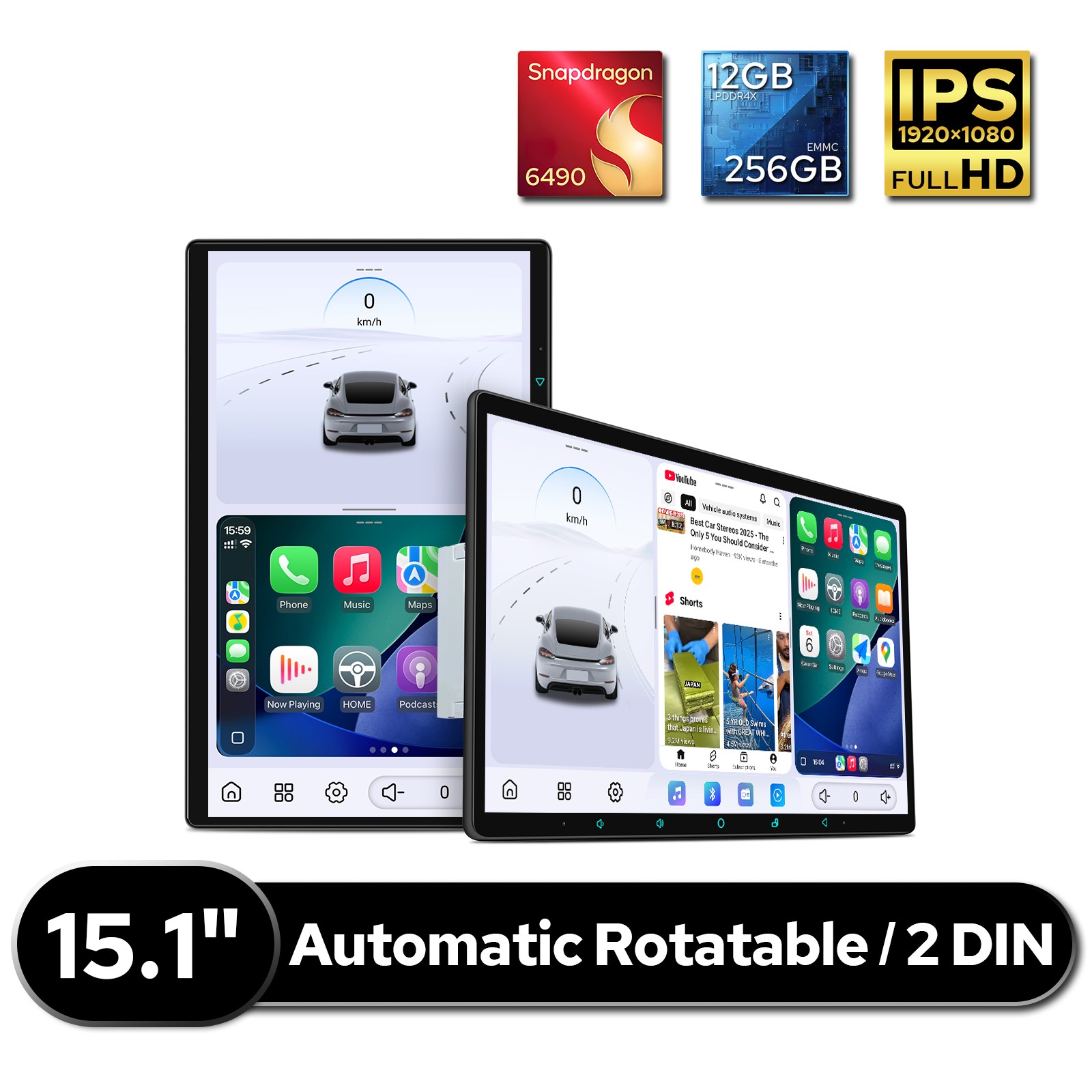 15.1″ Rotating Screen 2DIN Android 13 8Core 12+256GB Car Stereo GPS Radio 4G LTE