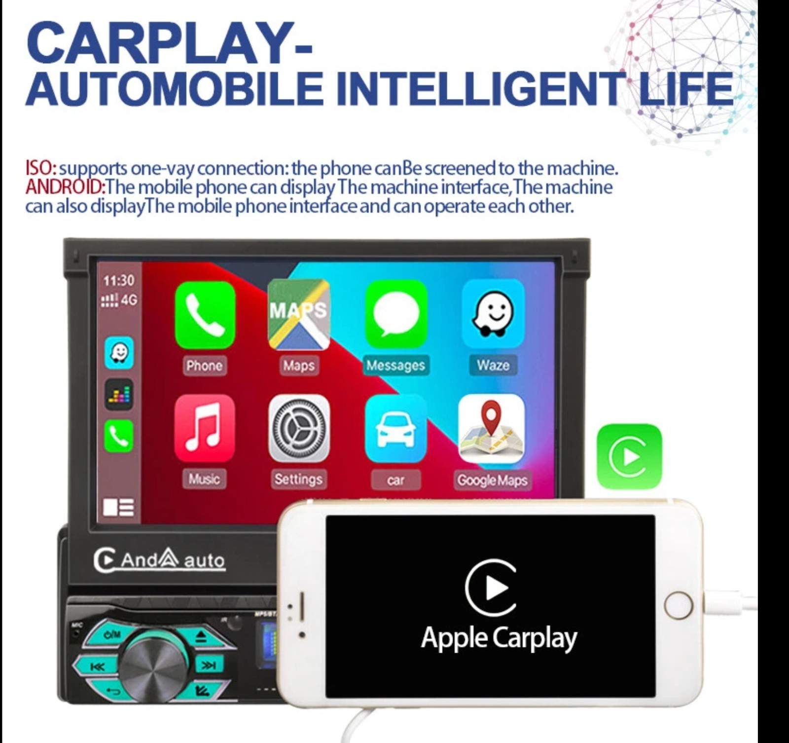 7” 1 Din Car Radio Flip Out Touch Screen Carplay Mirror Link BT TF FM Stereo