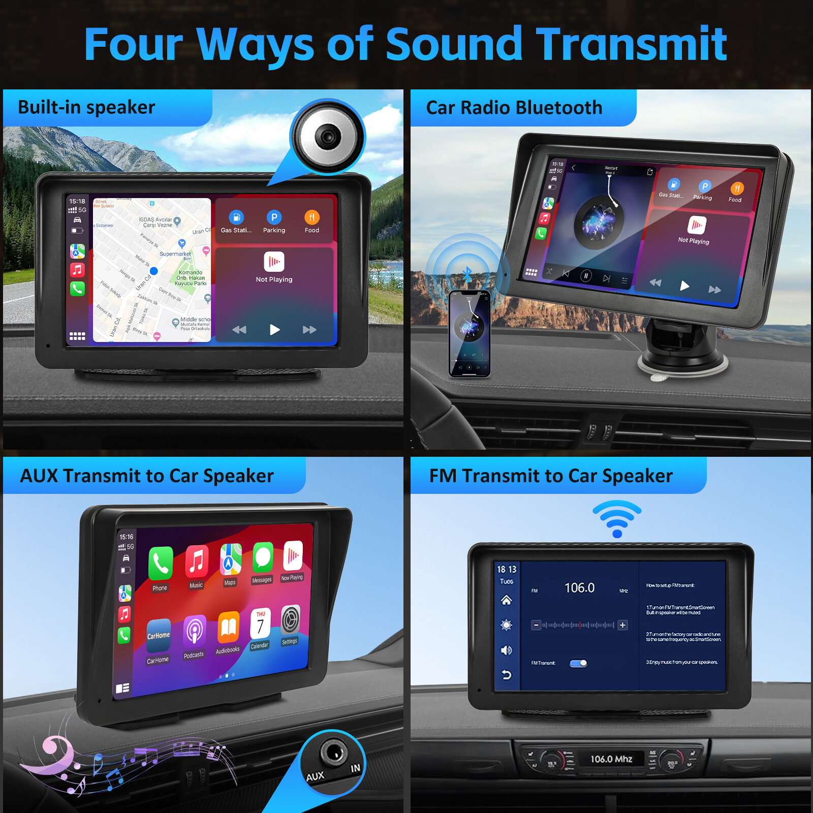 7 Inch Portable Car Radio Wireless Touch Screen Fit Apple Carplay & Android Auto