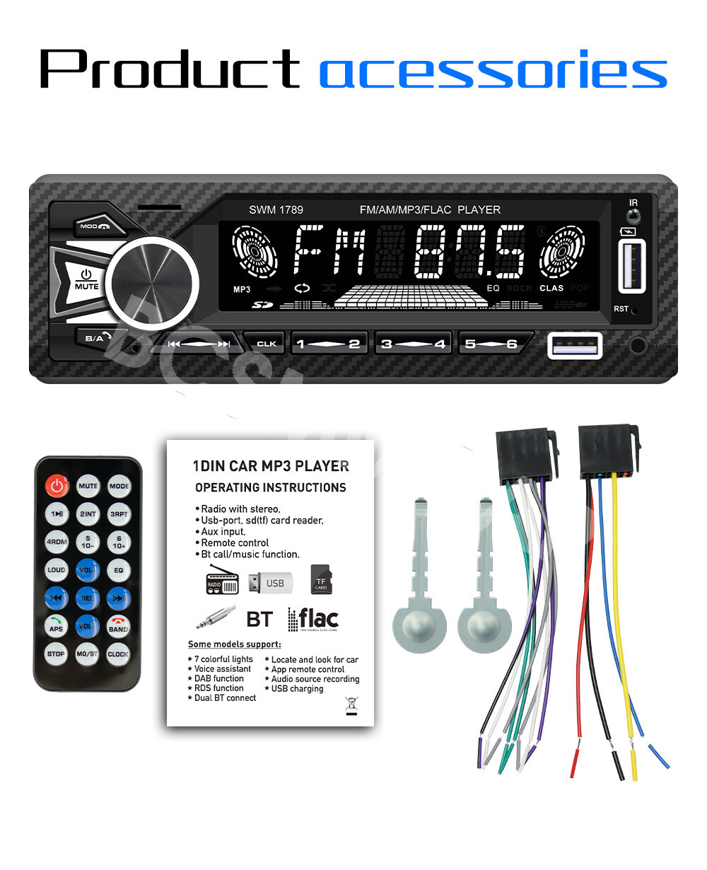 Single 1 DIN Car Stereo Bluetooth FM/AM Radio MP3 Player In-Dash Audio Receiver