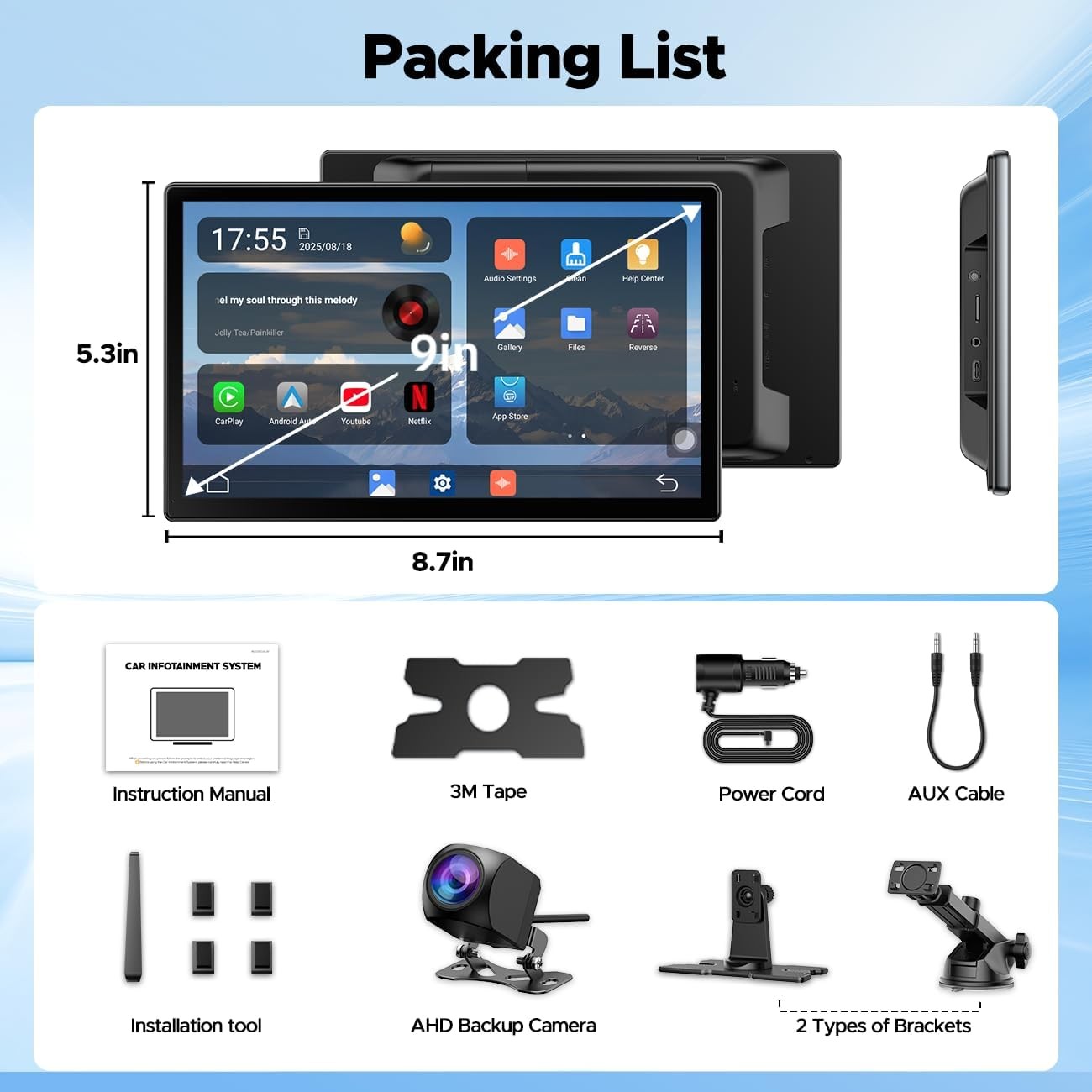 9″CarPlay Screen Wireless Android Auto With Netflix YouTube GPS Backup Camera BT