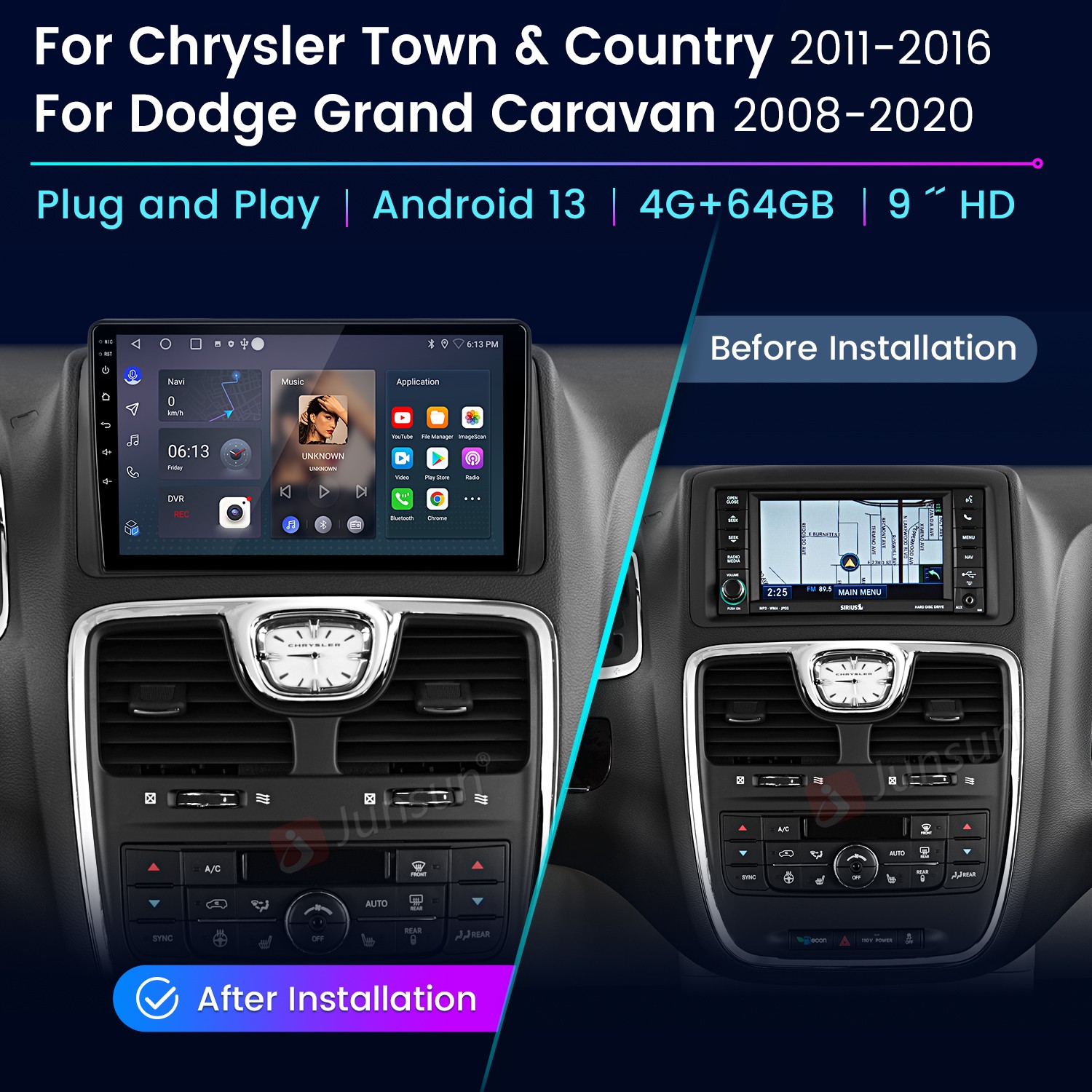 4+64G 9″Android15 For Chrysler Town & Country 11-16 Carplay Car Stereo Radio GPS