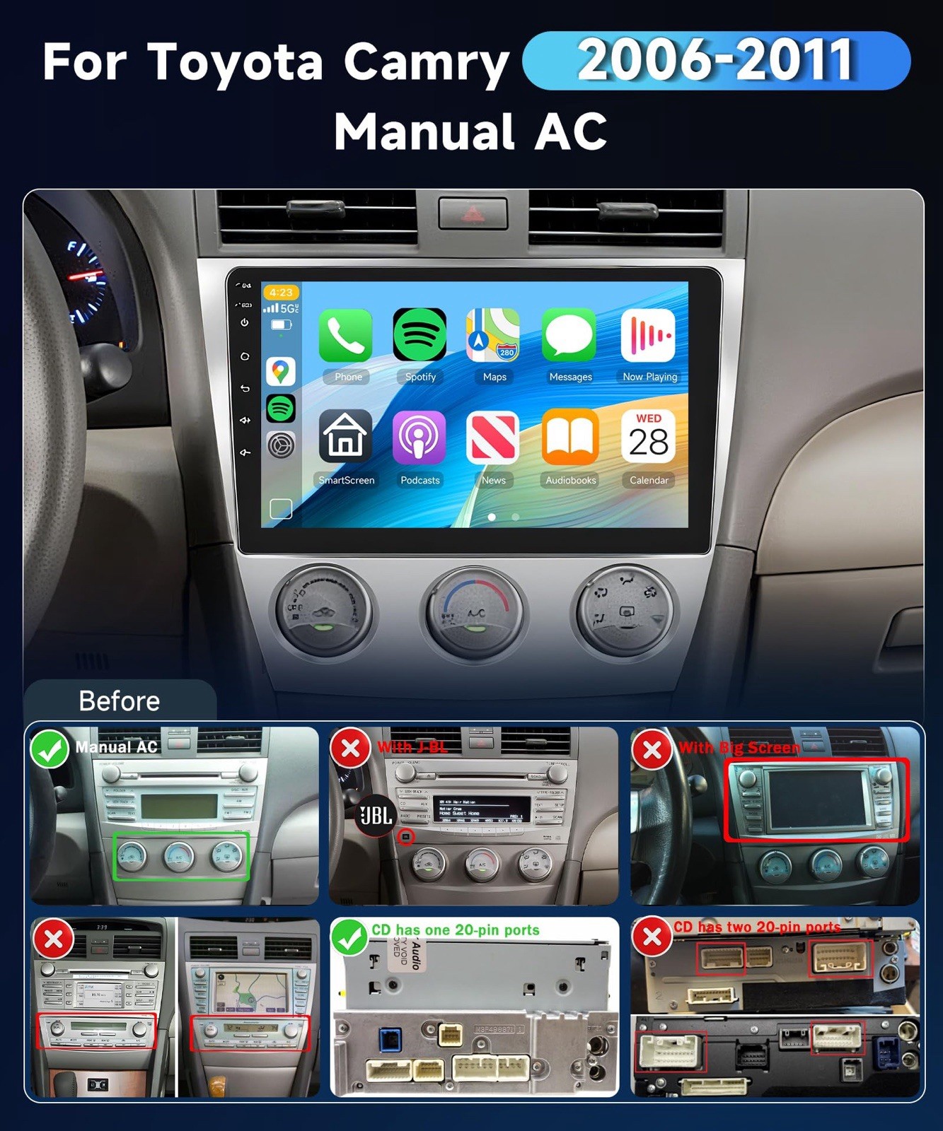 2+64G Car Stereo for Toyota Camry 2006-2011 (Manual A/C) Wireless Carplay,10.1”