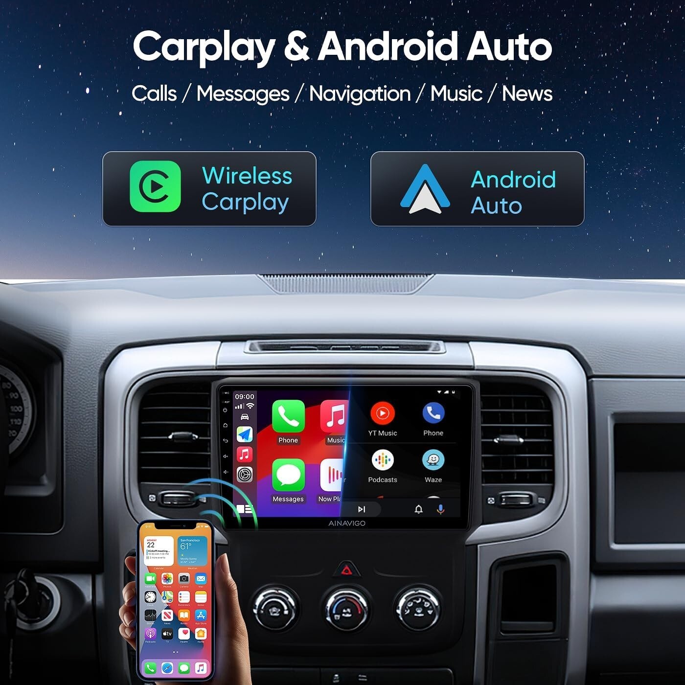 Car Stereo for Dodge Ram 1500/2500/3500 (2013–2018) Wireless CarPlay & Android