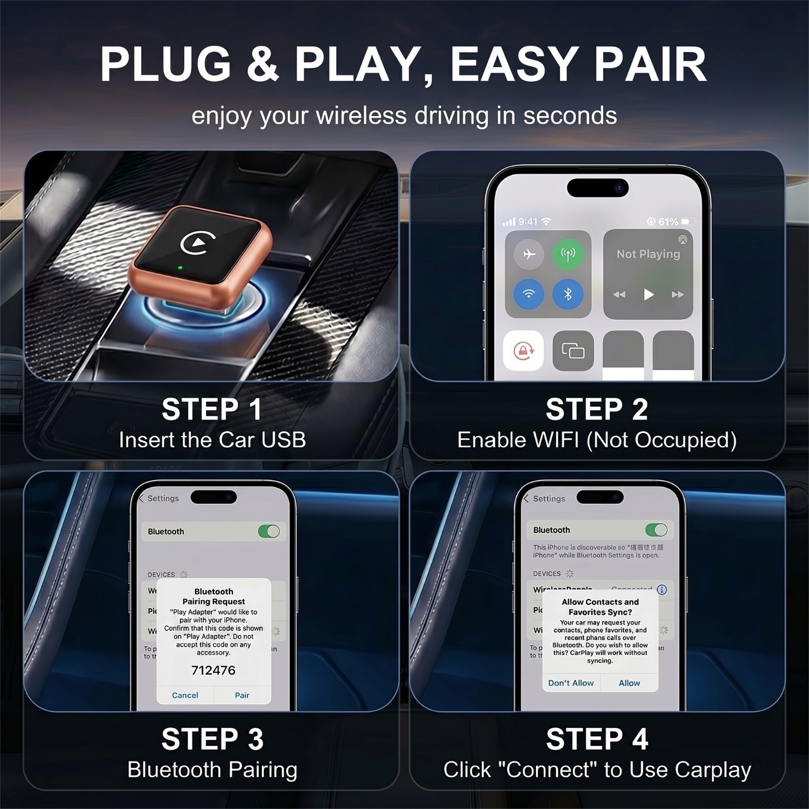 USB Auto Wireless CarPlay Adapter For iPhone Apple Wireless Dongle Plug ＆ Play