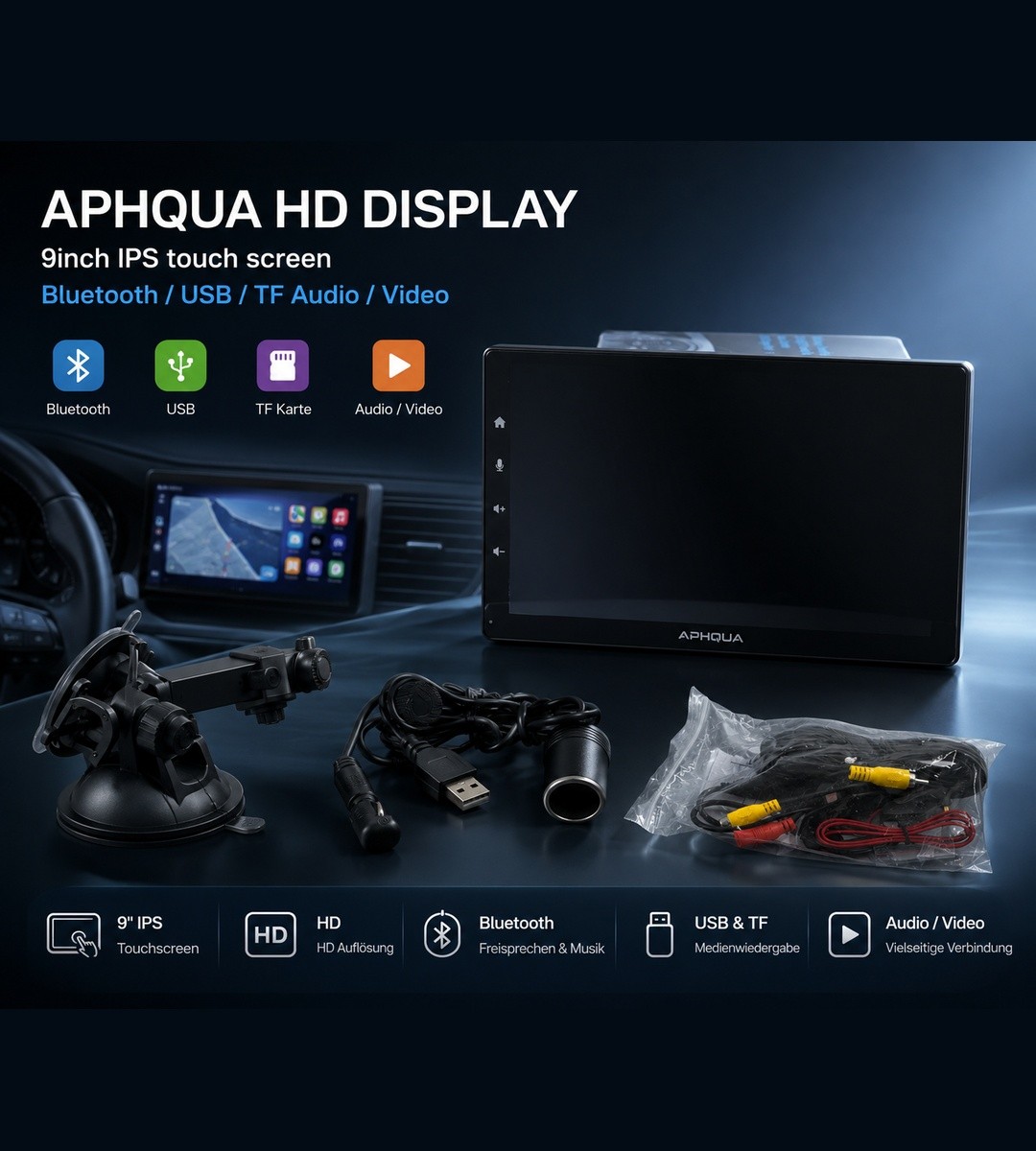 Aphqua HD Display: 9inch IPS touch screen/Bluethoot/USB/TF Audio/Video/original packaging