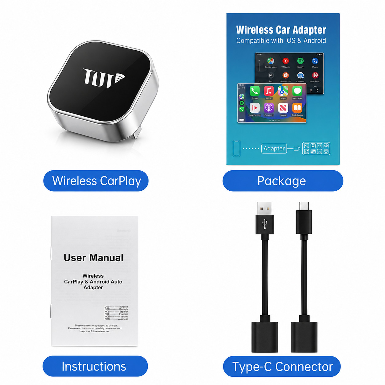 2 in 1 Car Android Auto Wireless Adapter & Wireless CarPlay Adapter Plug & Play