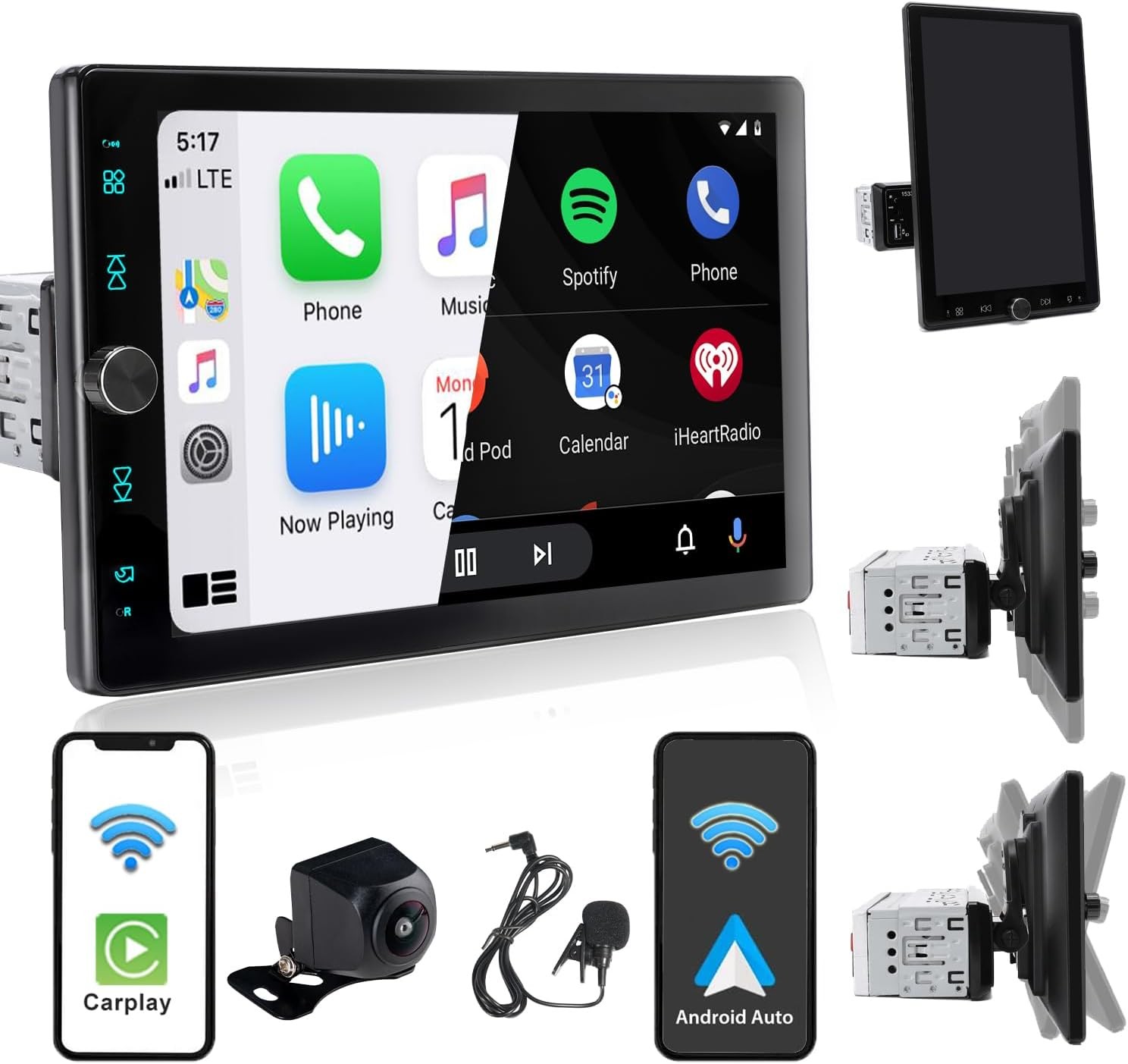 Single DIN 10.4″ Wireless Apple CarPlay Android Auto Car Stereo Rotatable Screen
