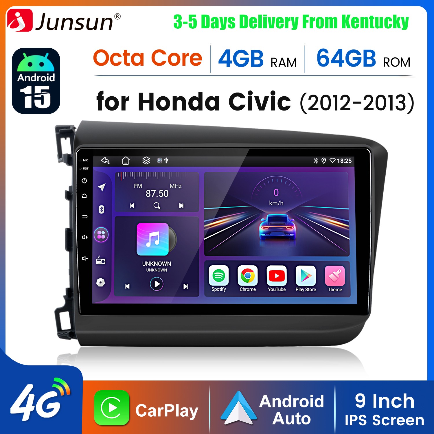 8Core 4+64GB Android15 Carplay For Honda Civic 2012-15 Car Stereo Radio GPS Navi