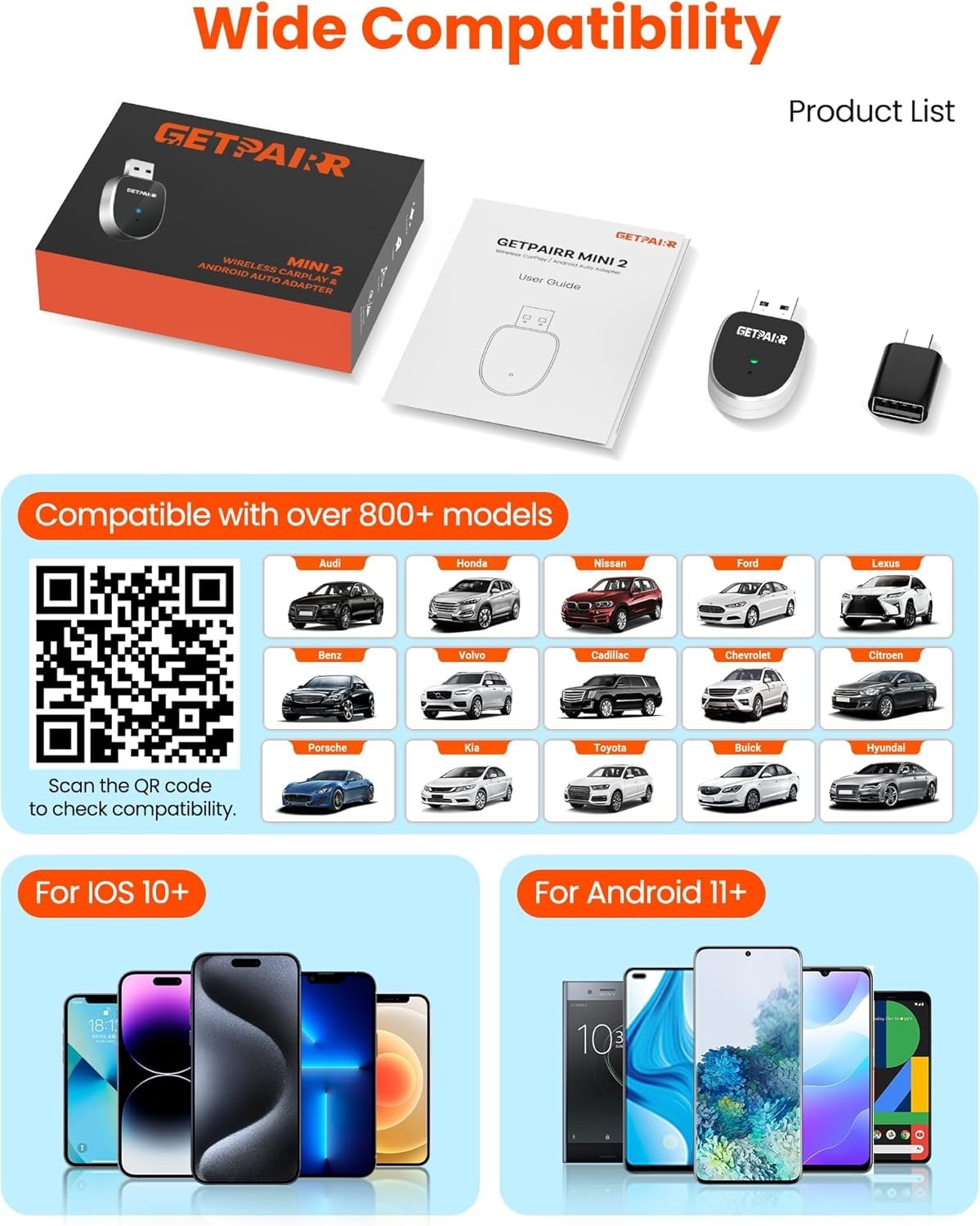 GetPairr Mini 2-in-1 Wireless Carplay & Android Auto Adapter Bluetooth Dual-WiFi