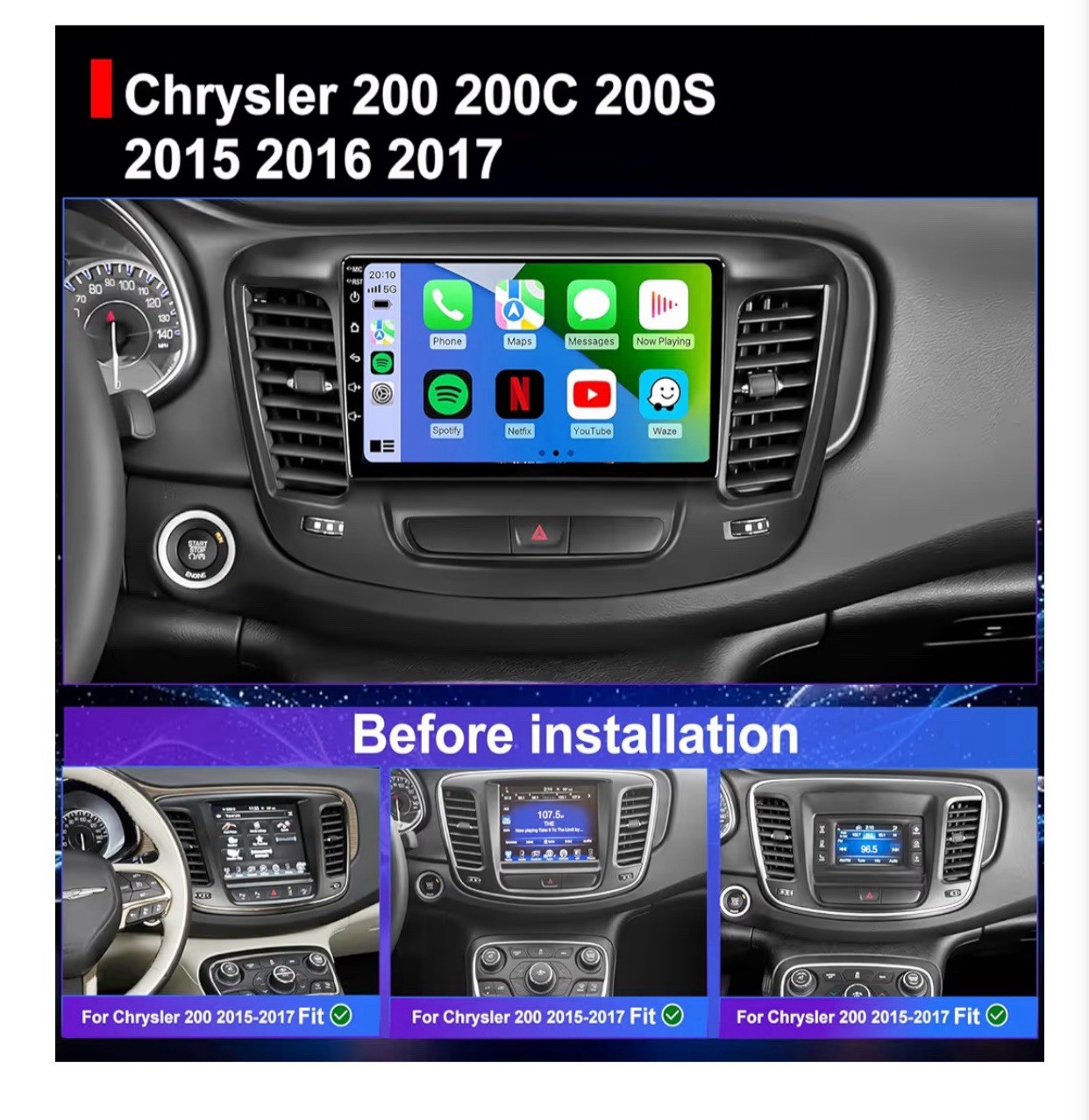 Car Stereo Radio 2+32GB For Chrysler 200 200C 2015-2019 Carplay Android 15 GPS