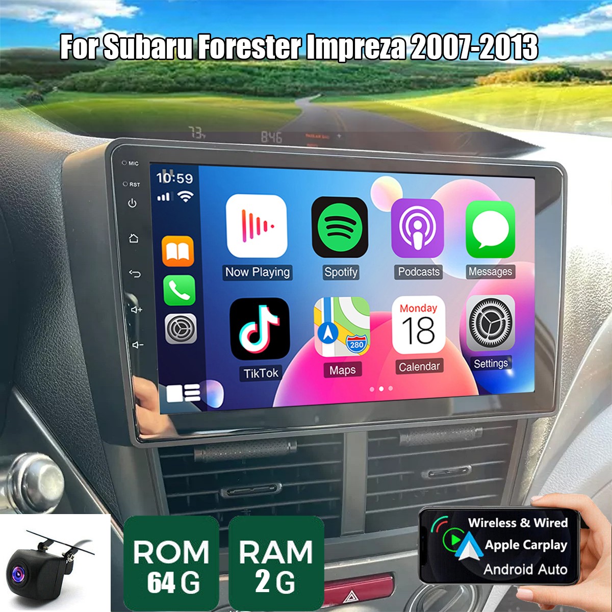 For Subaru Forester Impreza 2007-2013 Car Stereo Radio 2+64GB Wireless CarPlay