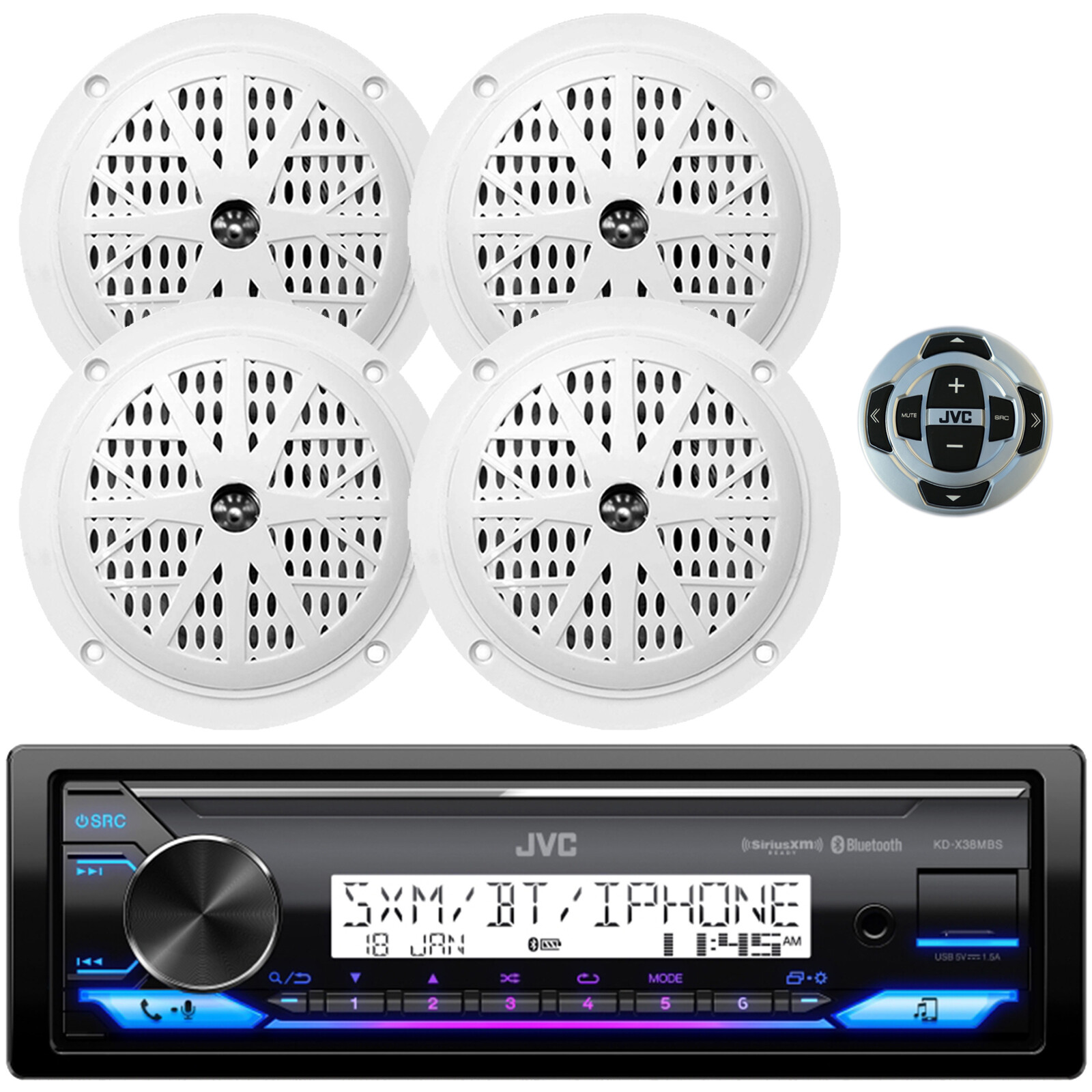 JVC KD-X38MBS 1 DIN Bluetooth USB LED Stereo Receiver, 4x 5.25″ Speakers, Remote